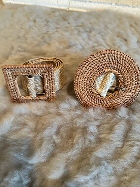 Woven Natural Straw Belts with Rattan Buckle - Neutral Beige